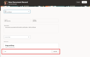 Fig 3 - URL field in attachment section of Documents of Record | Updates in Oracle HCM 24C | Unlocking Redwood Features