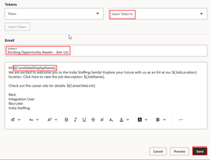 Oracle Recruiting: Simplifying Candidate Communication and Bulk Messaging - Fig 12: Option to insert tokens in the message