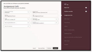 How to Create a Job Offer in Oracle Recruiting Cloud 25C Redwood Experience Fig 3: Assignment Info Section in Offer Page