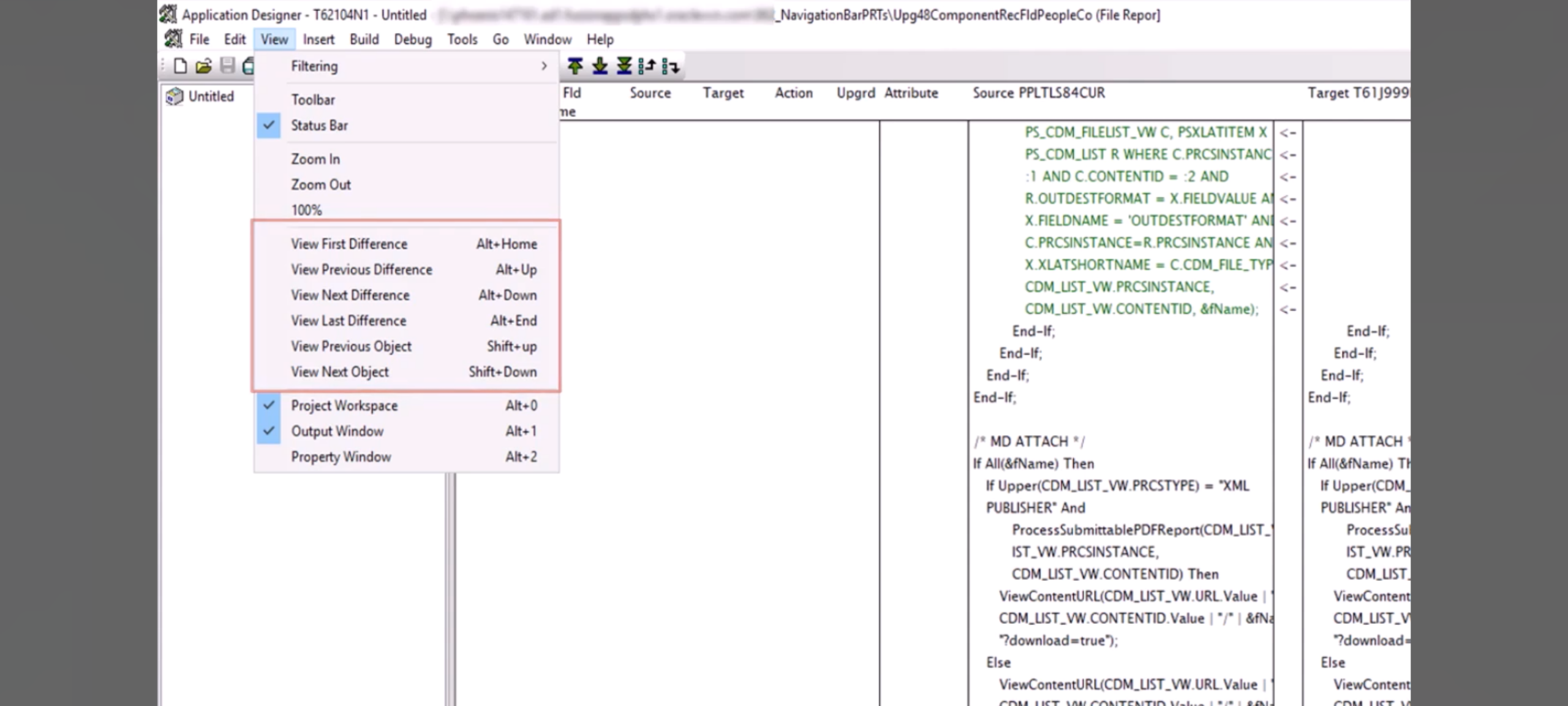PeopleSoft Compare Report Navigation Enhanced in PeopleTools 8.62 - Fig 2: New options under the View tab